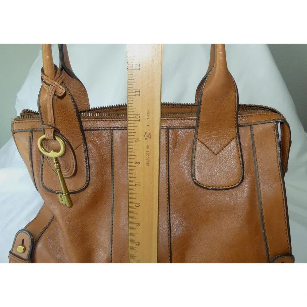 Vintage Fossil Cognac Leather Satchel Reissue Handbag Brass Key Charm Keyhole
